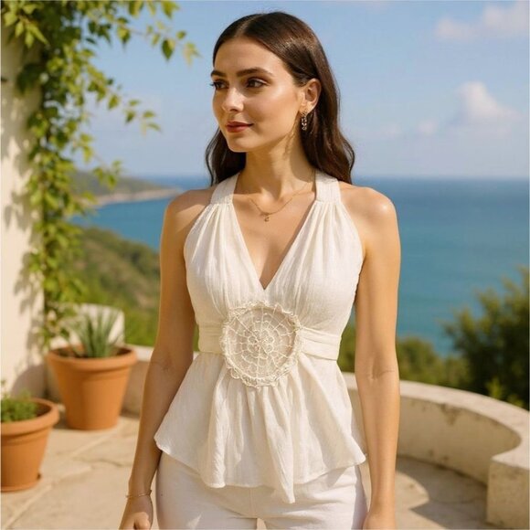 Boho White Halter Top – Crochet Detail, Tie-Back, Semi-Sheer Cotton Lace S - L - Picture 1 of 8